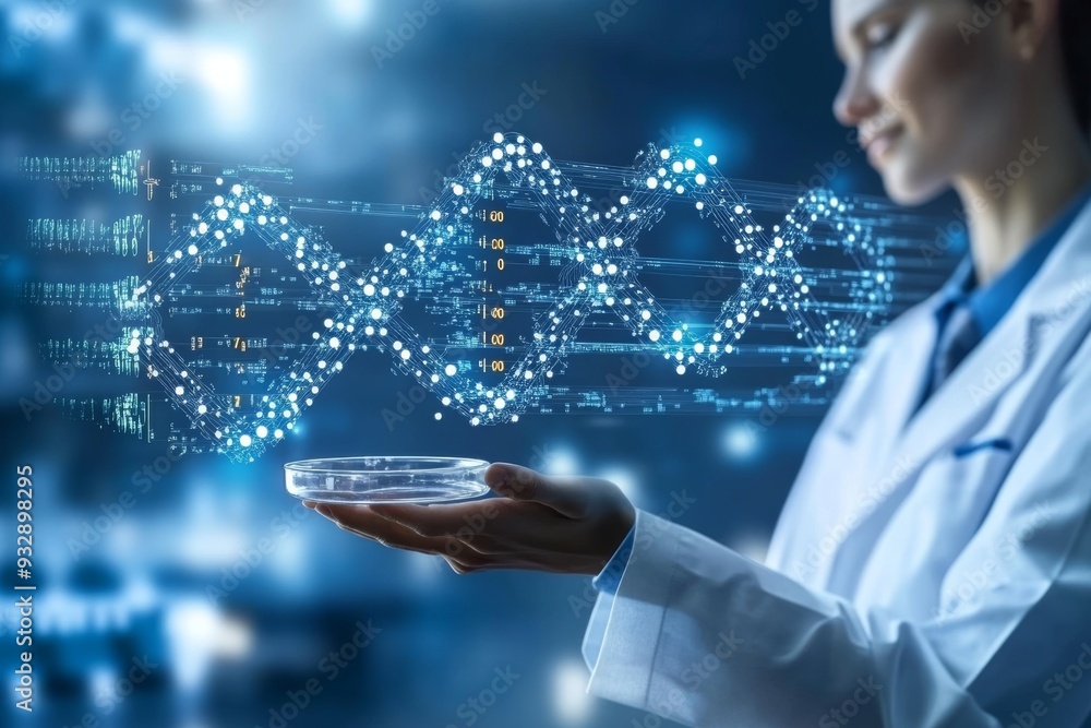 Aufkleber scientist analyzing a digital dna strand symbolizing the integration of genetics biotechnology and d
