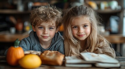 Fototapeta premium little children packing to school in morning in kitchen-standard-scale-_x.jpeg