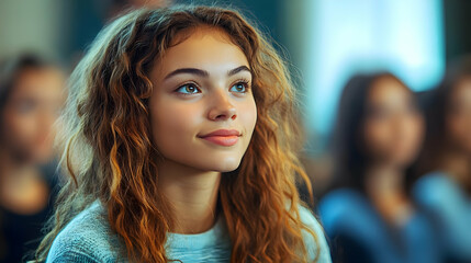 Obraz premium Young woman with curly hair looking up thoughtfully.