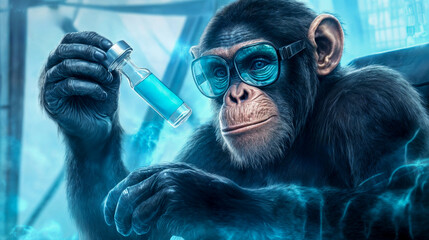 A futuristic monkey scientist conducts experiments in a laboratory while holding a glowing vial of blue liquid