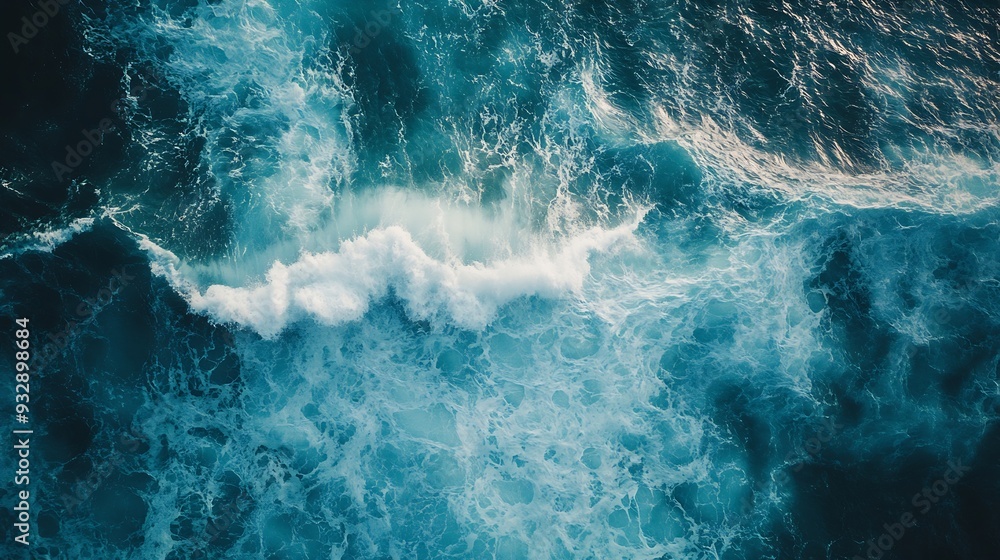 Poster overhead view turquoise stormy ocean waves with white foam in the oceansea water with splashes and f