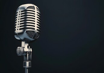 Fototapeta premium Close up, Vintage microphone on a black background with copy space, a 3D rendered illustration in the style of a retro style with a white color palette