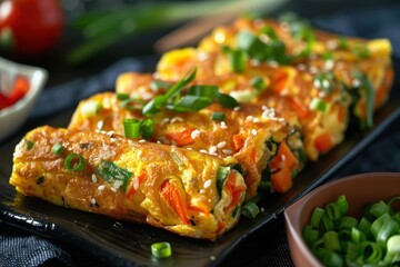 Korean omelette roll with spring onion carrot also known as Tamagoyaki in Japanese