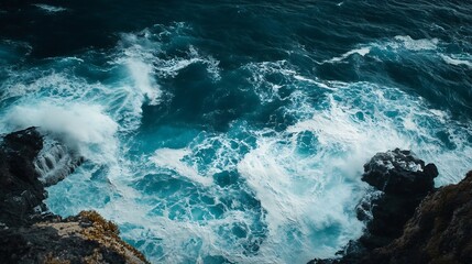 Aerial view of rough ocean with waves and volcanic beach porto Moniz Madeira Portugal : Generative AI