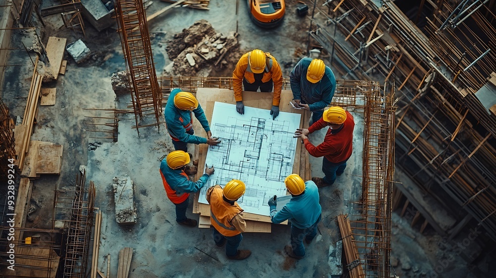 Fototapete Top down aerial view of architect engineer team shake hands and discussing about building construction Group of diverse people working together to plan and design by using blueprint Al : Generative AI