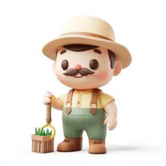 Naklejka premium Adorable Clay Farmer Character in 3D with Kawaii Style on White Background, Generative Ai 