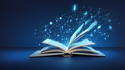 An illustration of an open digital book on a laptop screen with a cool blue backdrop, representing the idea of e-learning