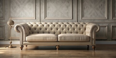 Isolated vintage sofa exudes elegance, its refined lines and neutral tones showcasing simplicity in a minimalist setting, a study in monochromatic beauty.