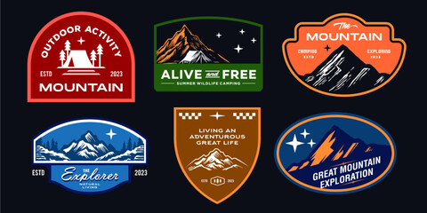 colorful mountain rustic badge design for t-shirt. set collection of vintage adventure badge. Camping emblem logo with mountain illustration in retro style