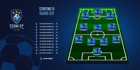 modern football game plan formation board. starting eleven illustration. Football graphic for soccer starting lineup squad, Soccer line up, Football starting XI. © Ramosh Artworks