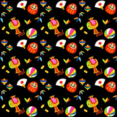 かわいい正月モチーフのパターン　手描き水彩イラスト