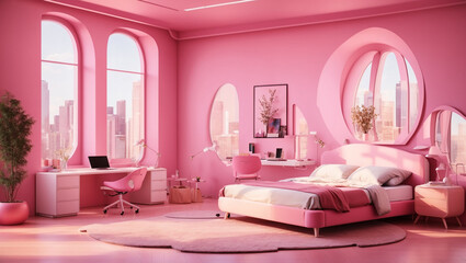 This is a bedroom with pink walls, a bed, a desk, and two arched windows with a city view.

