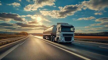 Tanker truck for transporting food liquids driving on the highway under a blue sky with clouds : Generative AI