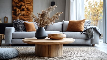 Interior of stylish living room with wooden coffee table and grey sofa : Generative AI