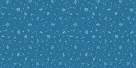 Hand drawn snowflakes seamless pattern on blue background. Winter seasonal vector illustration for prints, banners, textiles, cards