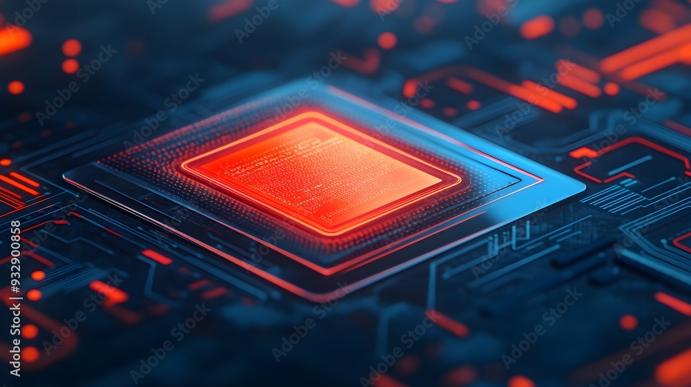 Poster red glowing cpu chip on circuit board