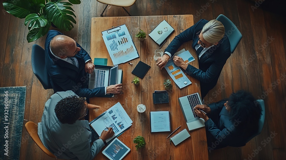 Poster Top view of smart manager looking at financial statistic on tablet at meeting room Group of diverse business people working together to analyze investment data on table with notebook D : Generative AI