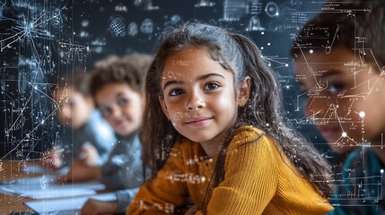 Image of mathematical equations over diverse schoolchildren writing Global education and digital interface concept digitally generated image : Generative AI