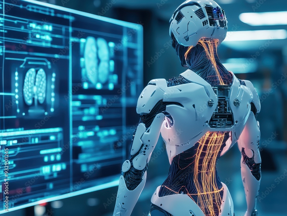 Aufkleber a futuristic robot analyzing data in a high-tech environment, showcasing advanced artificial intelli