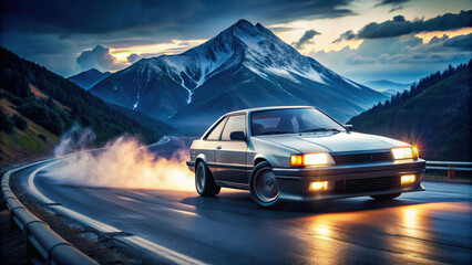 Naklejka premium Silver Sports Car Driving on a Mountain Road at Sunset