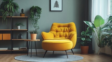 Interior of stylish living room with yellow armchair pouf and shelf unit : Generative AI