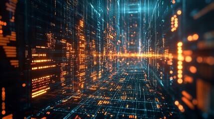 Image of mathematical equations and data processing over server room Global technology computing and digital interface concept digitally generated image : Generative AI