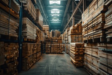 Lumber stored in warehouse