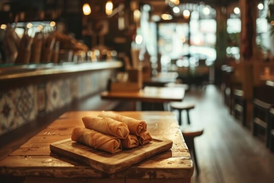 Lumpia spring rolls on table in restaurant