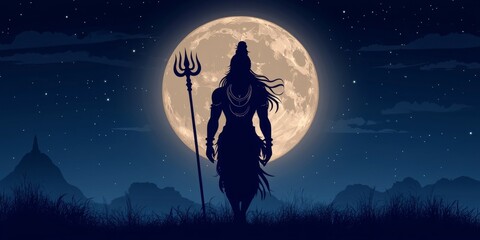 Abstract Silhouette of Lord Shiva with Trident Against Full Moon: AI-Generated Illustration for Cultural Marketing. Minimalist Composition with Elegant Gradients. Versatile Graphic for Indian Mytholog