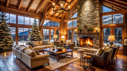 Fototapeta premium Luxurious Winter Wonderland Lodge with serene ambiance, crackling fireplace, and rustic exposed beams set amidst warm, neutral tones.