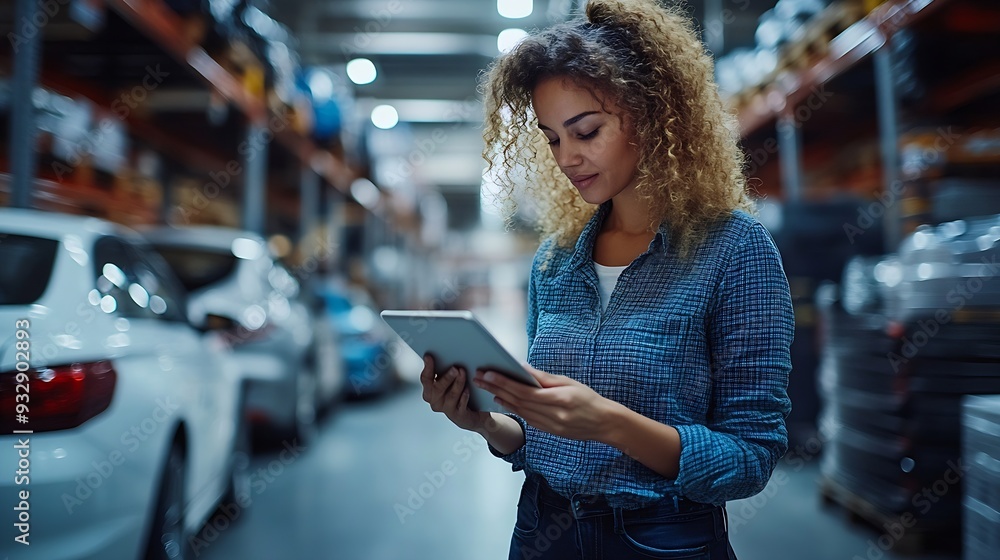 Aufkleber female professional using tablet quality checking car parts worker in warehouse supervisor importexp