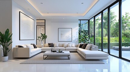 Spacious modern living room with sleek furniture and large windows, contemporary luxury mansion interior, minimalist elegance