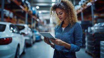Female professional using tablet quality checking car parts worker in warehouse Supervisor importexport shipping transportation logistic business factory concept : Generative AI
