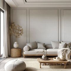 Aesthetic elegant classic interior design. Clear mock up empty wall for decoration in the apartment. Copy space in the room with moldings. Neutral palette of natural colors