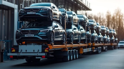Naklejka premium New cars on a hydraulic trailer ready for delivery and sale A car transporter truck carries many cars on a twolevel modular ramp Fast and efficient shipping service for the car industr : Generative AI