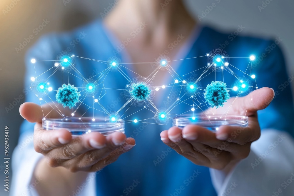 Poster hands holding a glowing digital sphere symbolizing the integration of data science biotechnology and