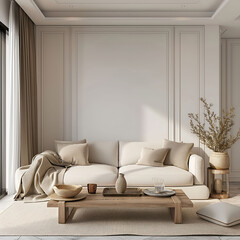 Obraz premium Aesthetic elegant classic interior design. Clear mock up empty wall for decoration in the apartment. Copy space in the room with moldings. Neutral palette of natural colors