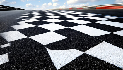 Checkered finish flag and asphalt racing track outdoors isolated with white highlights, 