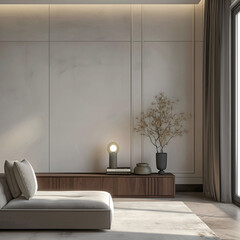 Aesthetic elegant classic interior design. Clear mock up empty wall for decoration in the apartment. Copy space in the room with moldings. Neutral palette of natural colors