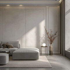 Aesthetic elegant classic interior design. Clear mock up empty wall for decoration in the apartment. Copy space in the room with moldings. Neutral palette of natural colors