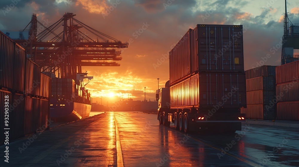 Poster container truck in ship port for business logistics and transportation of container cargo ship and c