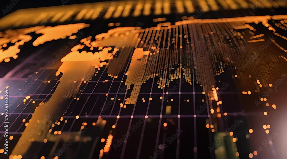 Poster abstract digital world map and stock market data on large screen