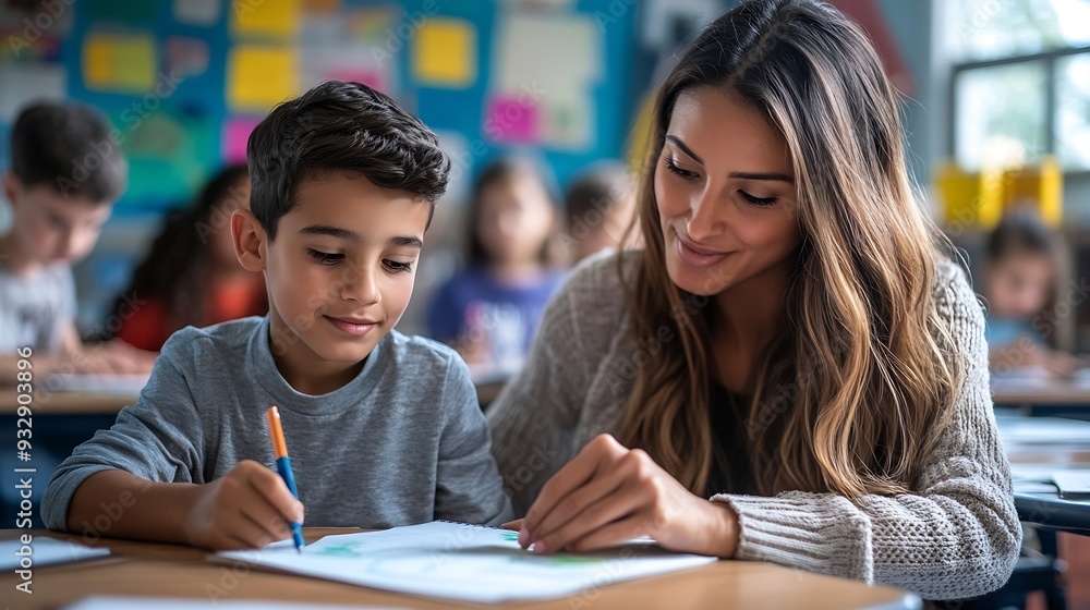 Poster teacher helping latin boy with assignment in elementary school classroom support scholarship and edu