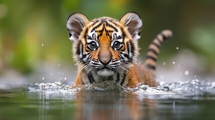 Naklejka premium Cute Bengal tiger cub emerges from the water Horizontally : Generative AI