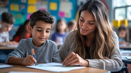 Teacher helping latin boy with assignment in elementary school classroom support scholarship and educator aid explaining or helping male learner in class : Generative AI