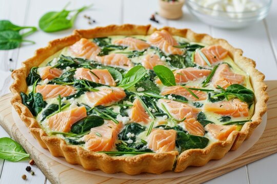 Quice pie with salmon spinach and cheese on white wood