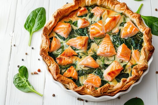 Quice pie with salmon spinach and soft cheese on white wood