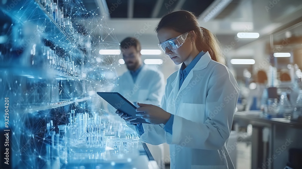 Poster science teamwork and scientist with tablet in laboratory for communication pharmaceutical review or 