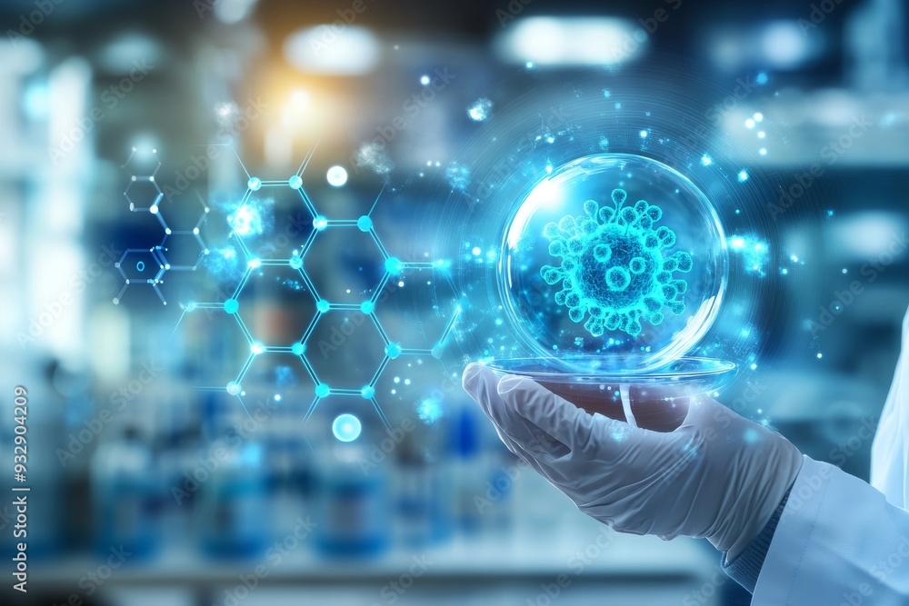 Poster scientist analyzing a glowing digital sphere with molecular structures symbolizing the fusion of dat