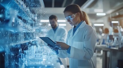 Science teamwork and scientist with tablet in laboratory for communication pharmaceutical review or planning Employees collaboration and technology for research discussion and digital  : Generative AI